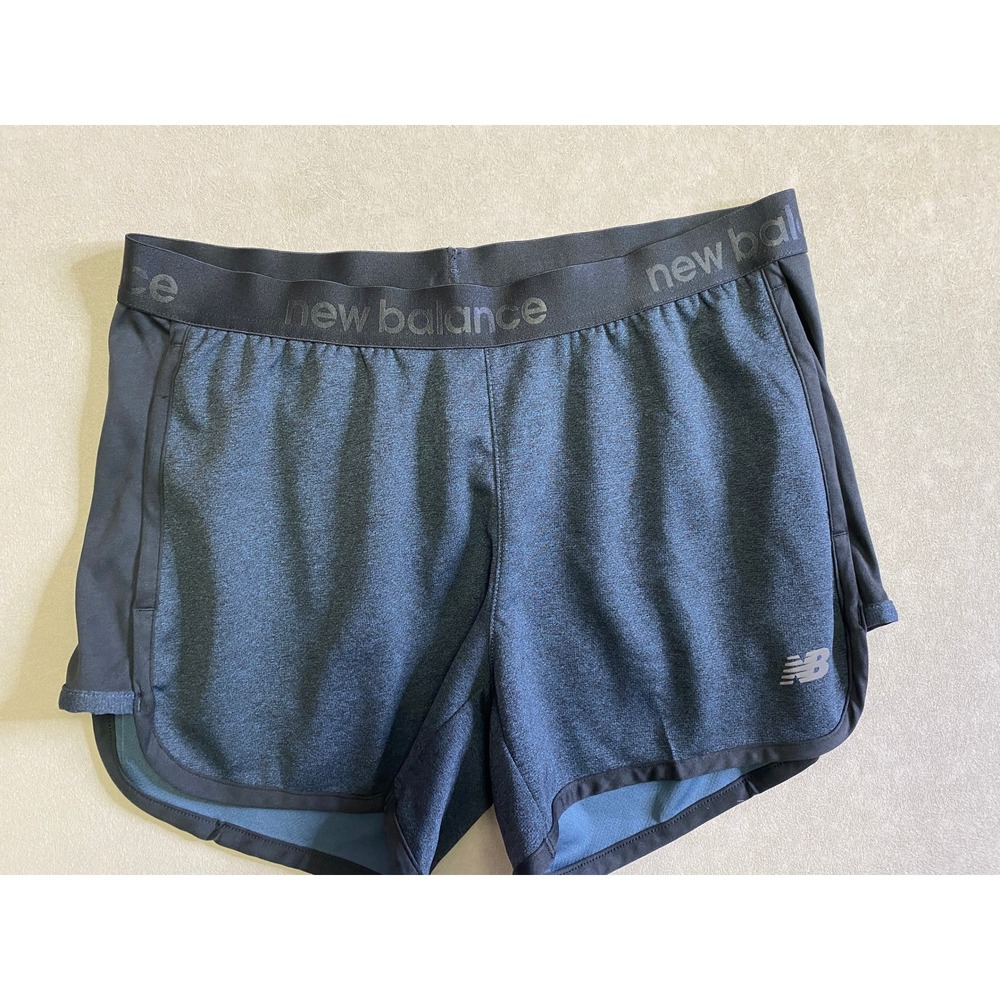 New Balance Womens Blue Heathered Running Shorts Elastic Logo Waistband Small